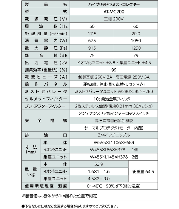 ハイブリッド型ミストコレクター AT-MC200 標準仕様